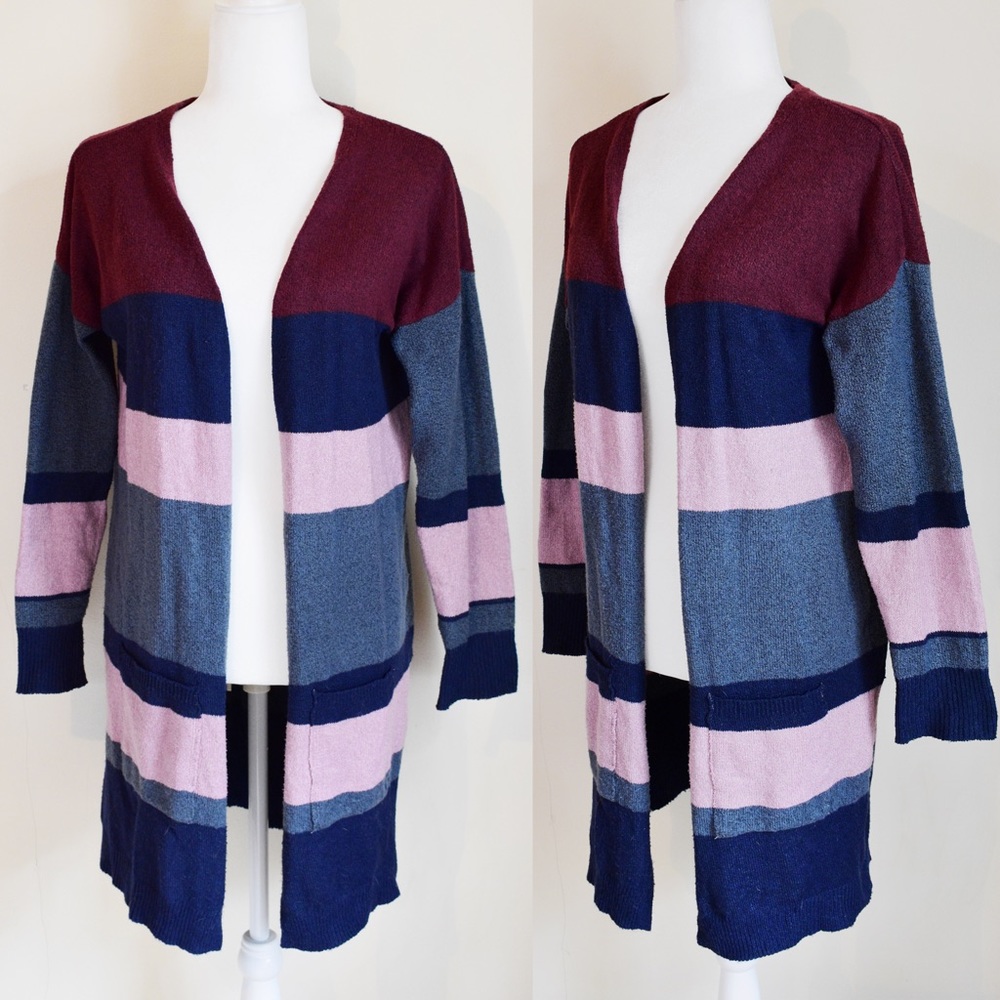 Pink Rose Colorblock Striped Long Sweater Cardigan